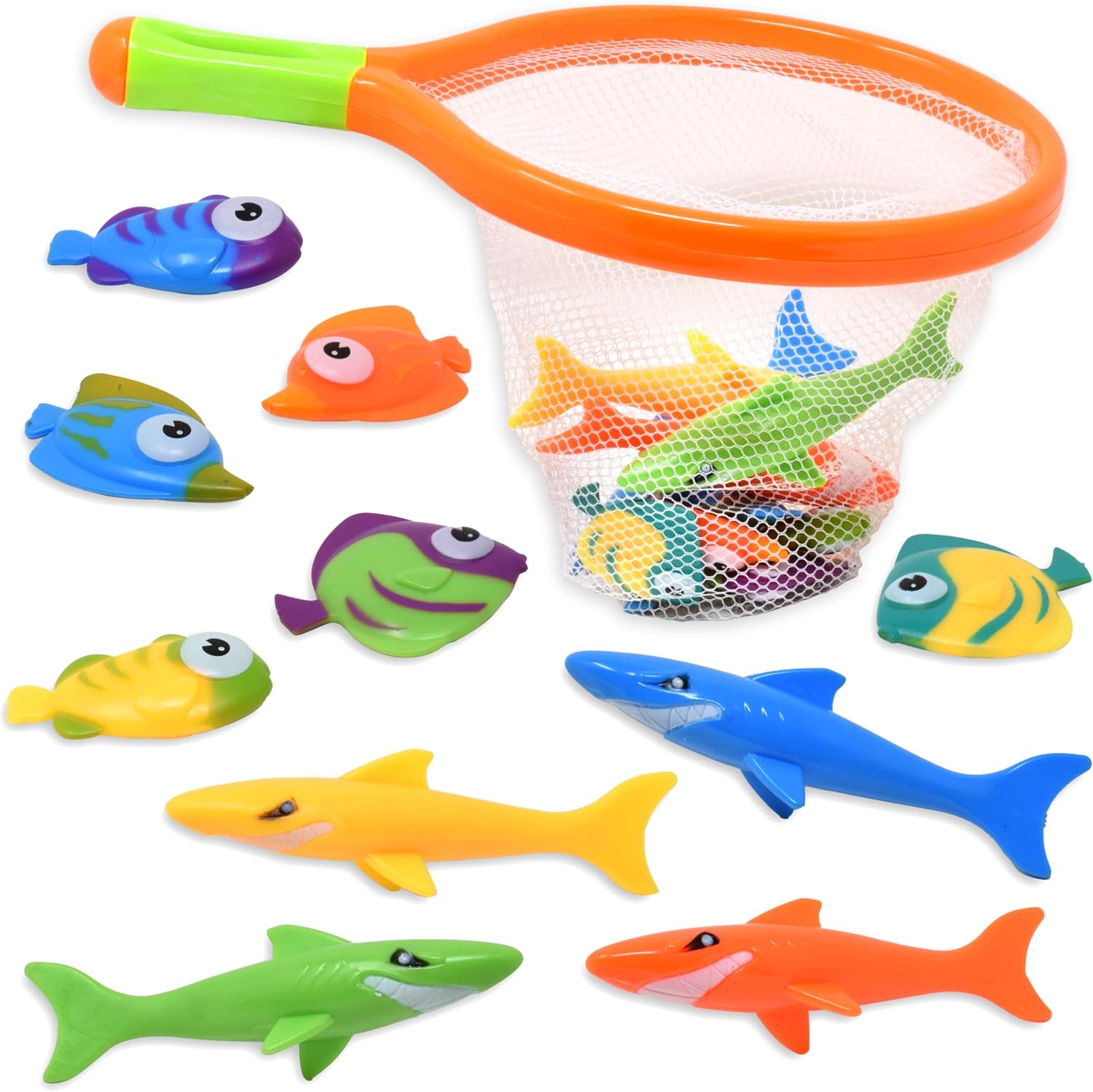 Kiddie Play Bath Toy Fishing Net Set | Dive Game with Sinking Fish & Sharks