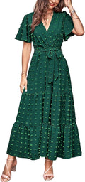Womens Swiss Dot Maxi Wrap Dress - Flowy Boho Summer Style