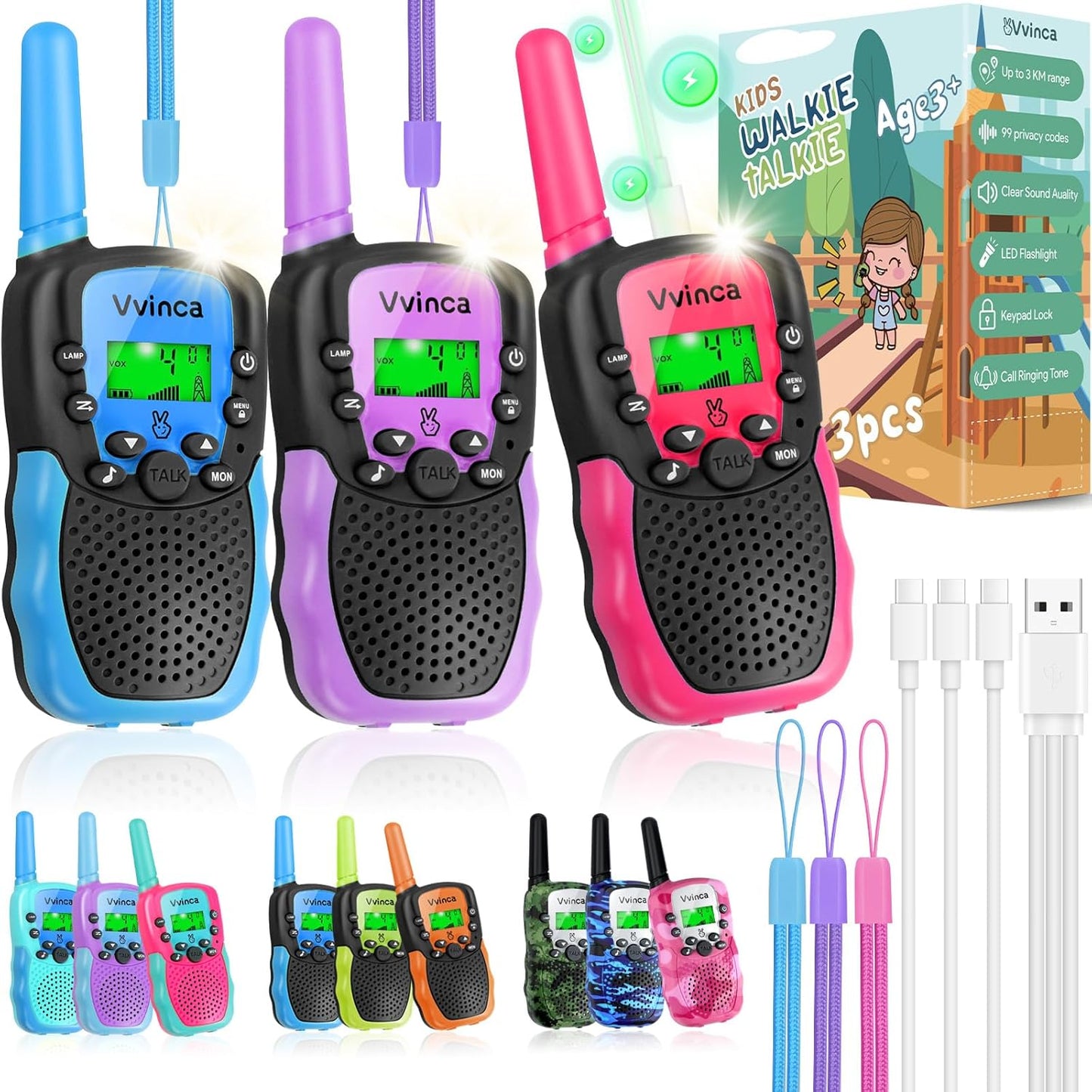 Vvinca Walkie Talkies for Kids Rechargeable 3 Pack - Fun Gift