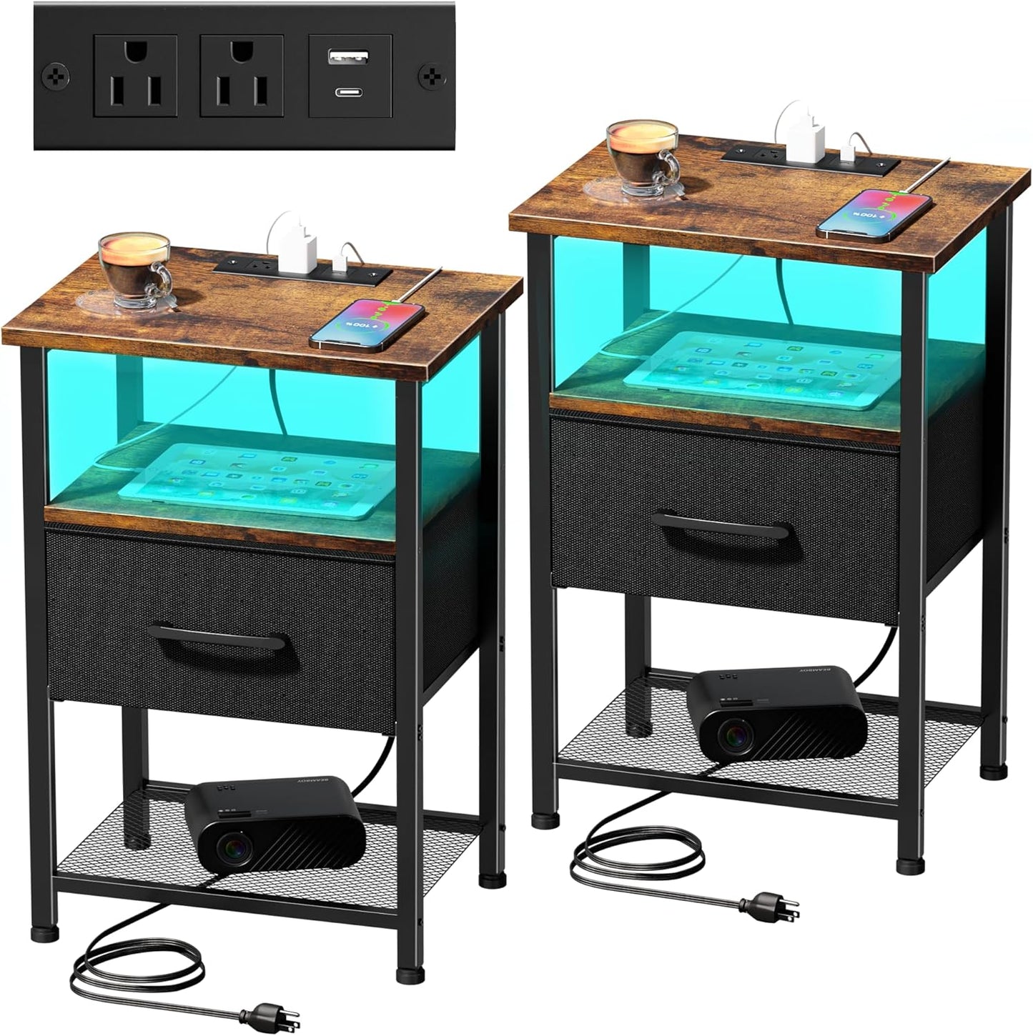Nightstands Set of 2 with Charging Station and LED Light Strip