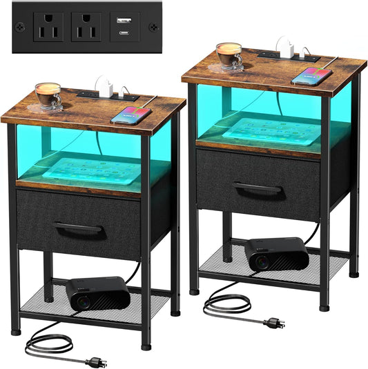Nightstands Set of 2 with Charging Station and LED Light Strip