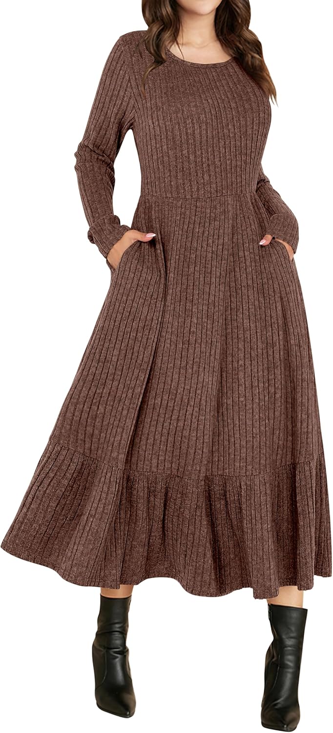 Womens Long Sleeve Midi Dress with Pocket for Casual Style