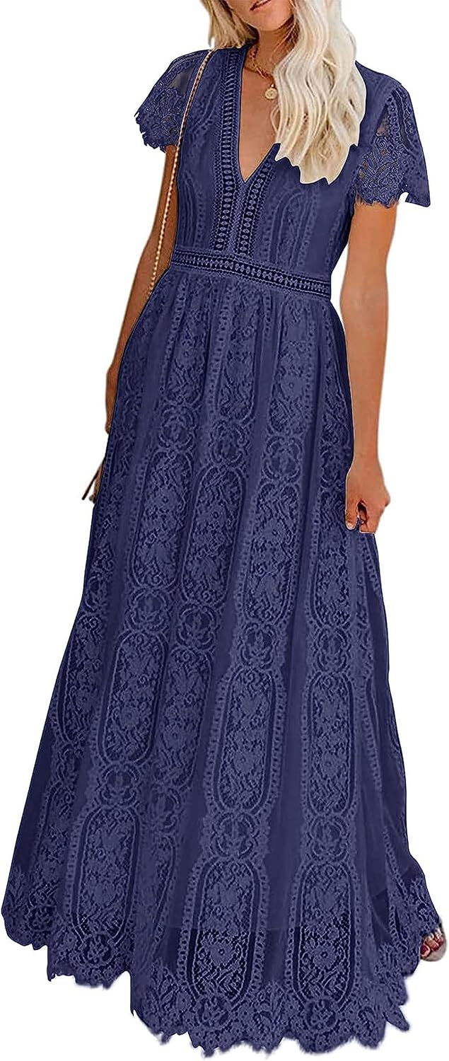 MEROKEETY Women's V Neck Floral Lace Maxi Dress for Weddings