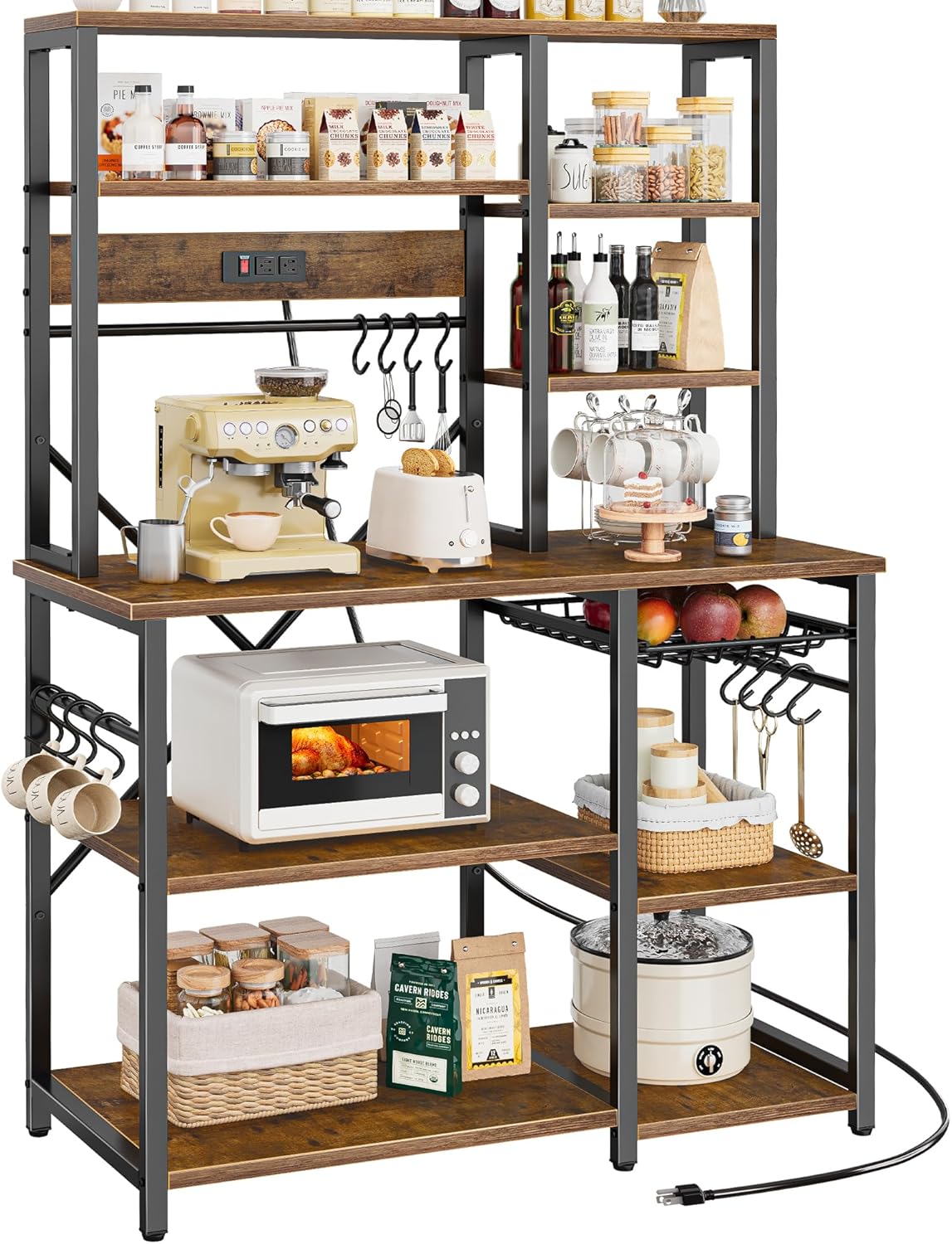 Rustic Brown Kitchen Rack 6-Tier Power Outlets