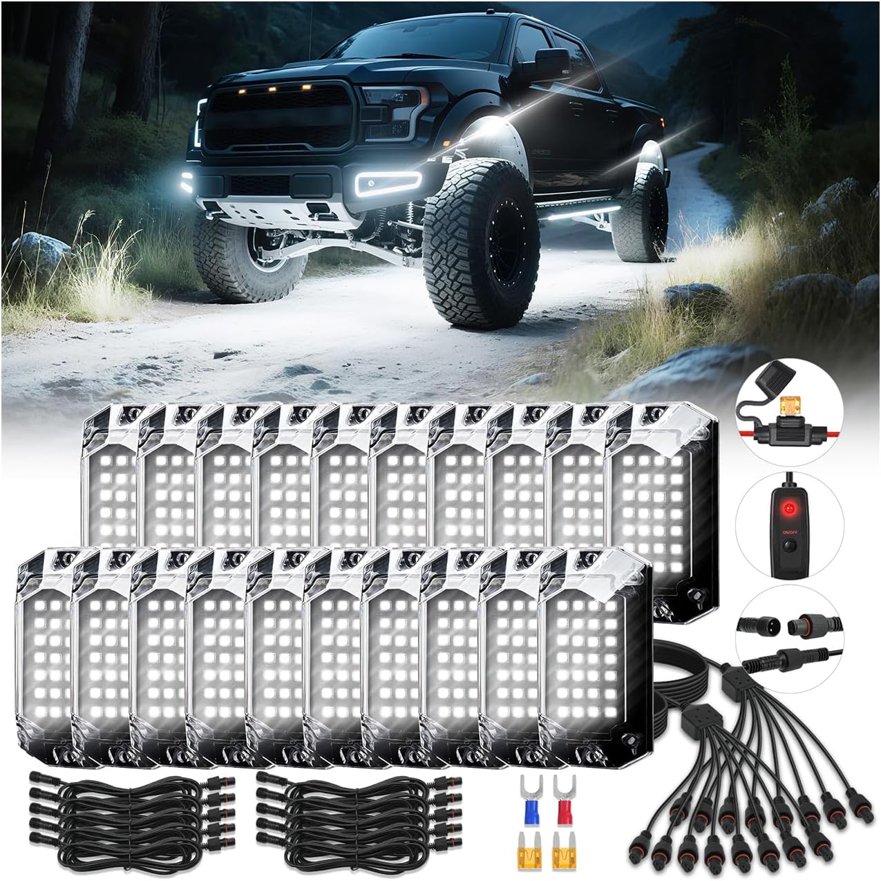 20Pods Pure White LED Rock Lights Kit for Trucks and Off Road