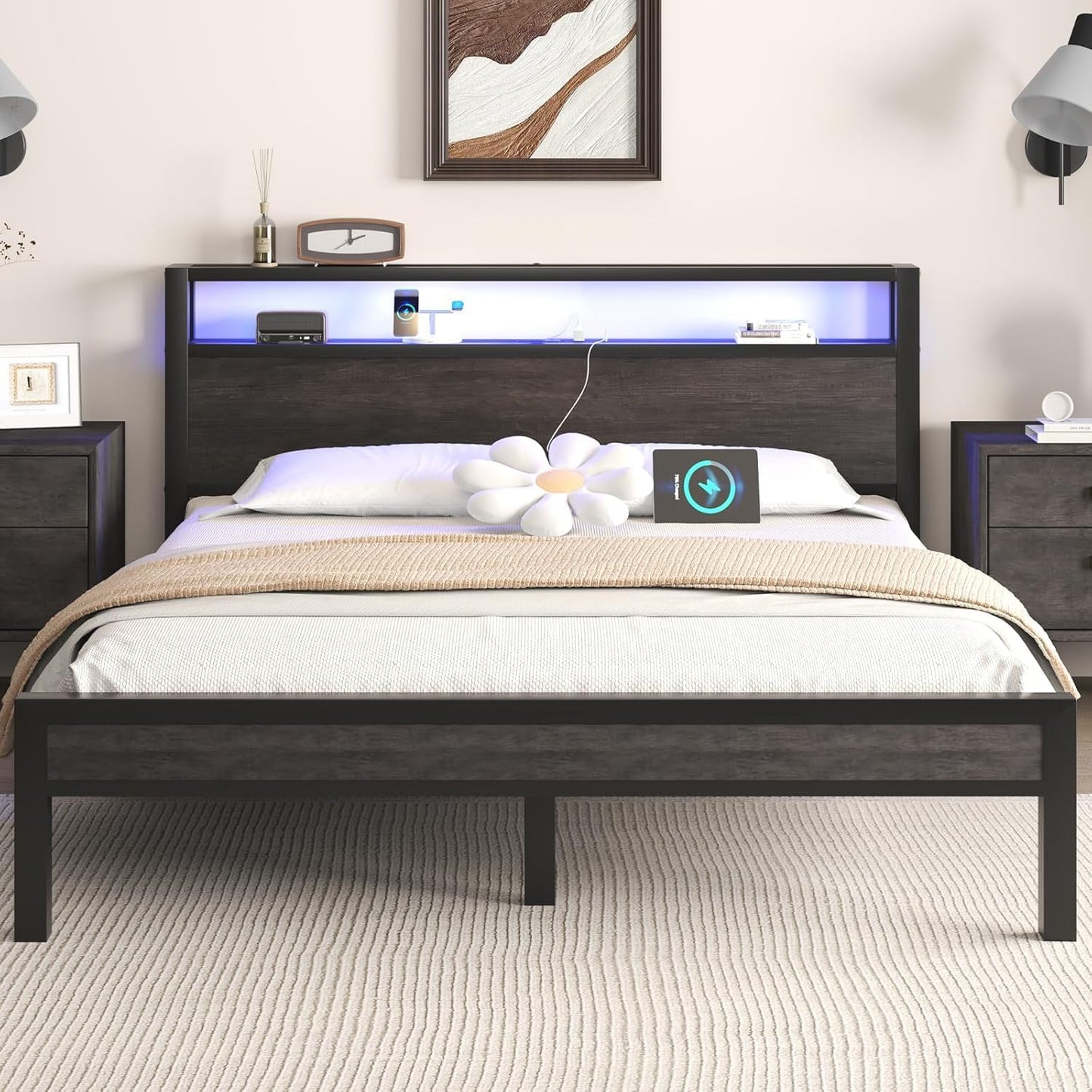 Queen Size Bed Frame with Storage Headboard and LED Lights