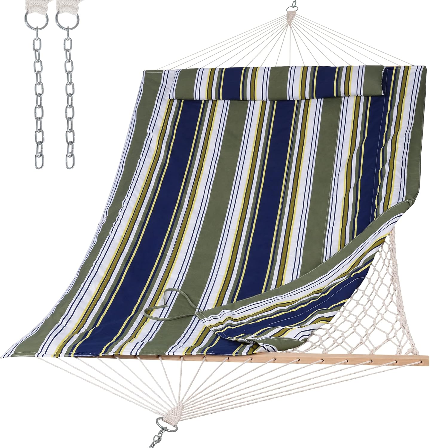 SUNCREAT Outdoor Double Hammock with Hardwood Spreader Bar