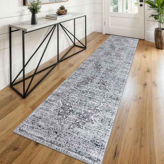 KUTA Runners for Hallways 2x8 Grey White Vintage Floral Design