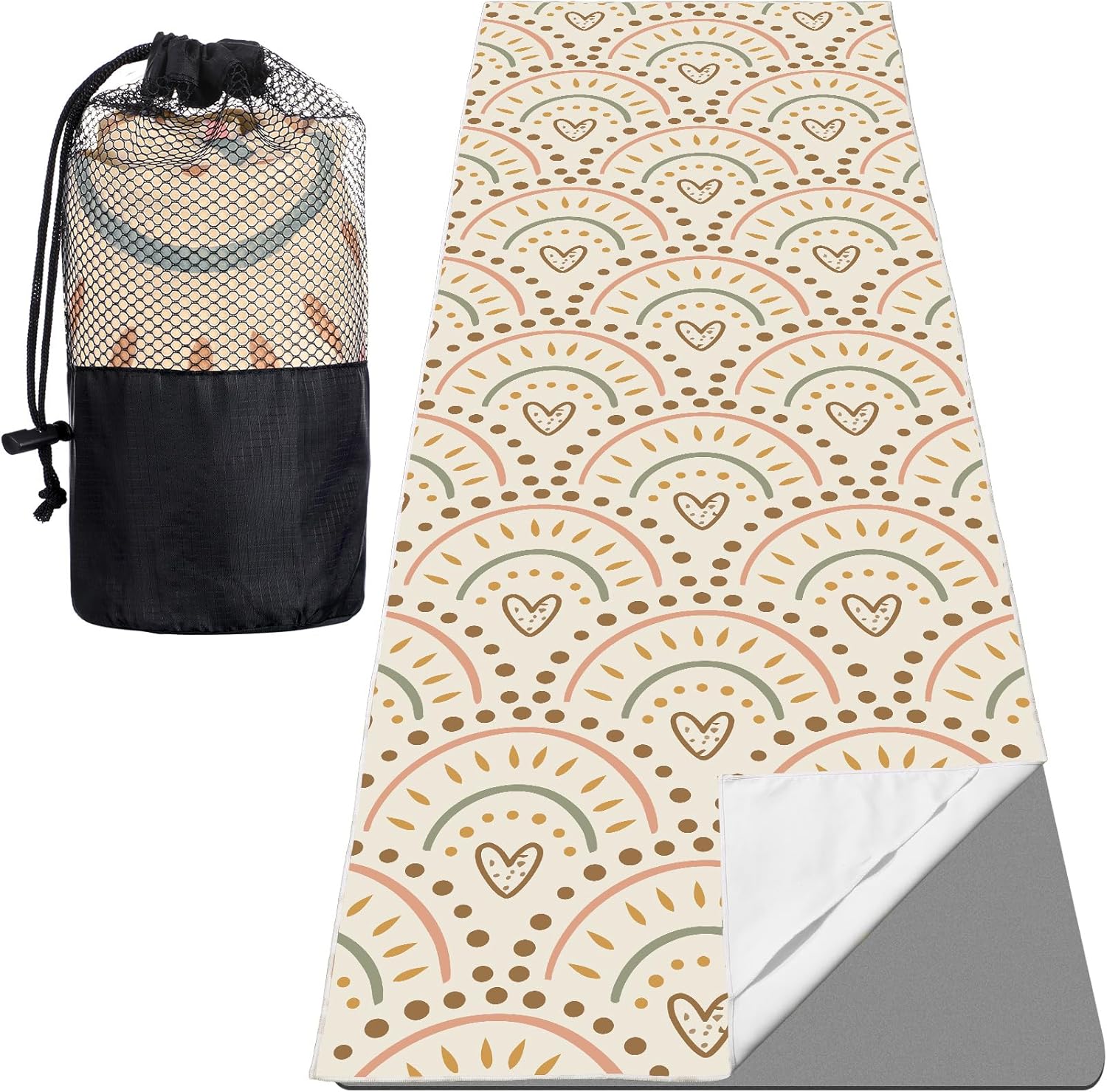 Sweat-Absorbent Yoga Mat Towel with Corner Pockets - Grip for Hot Yoga! Boho 74x25