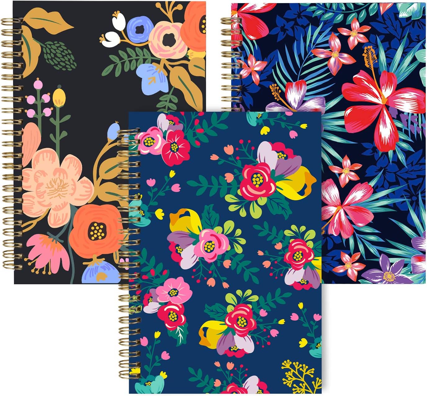 XYark A5 Flower Spiral Journals - 100GSM Thick Paper, 75 Sheets x3