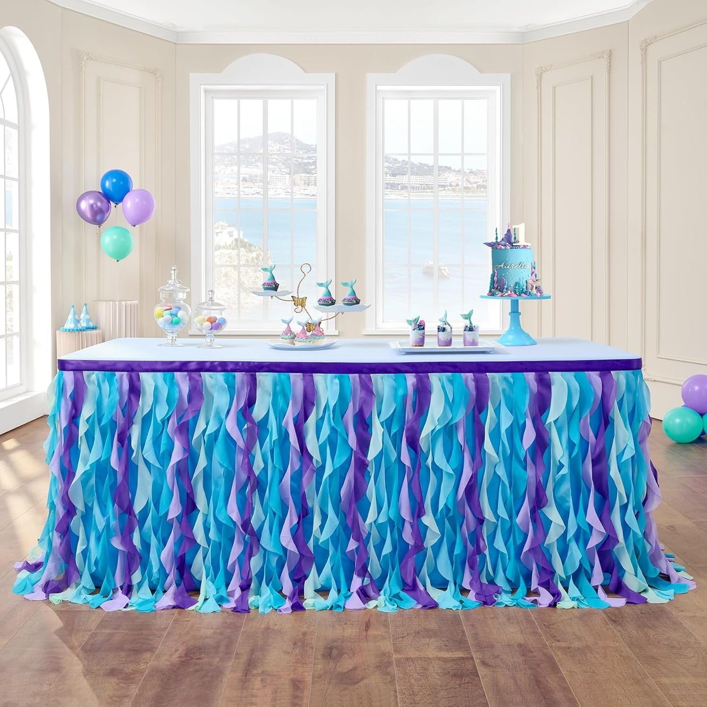 14FT Mermaid Curly Willow Tulle Ruffle Table Skirt for Parties