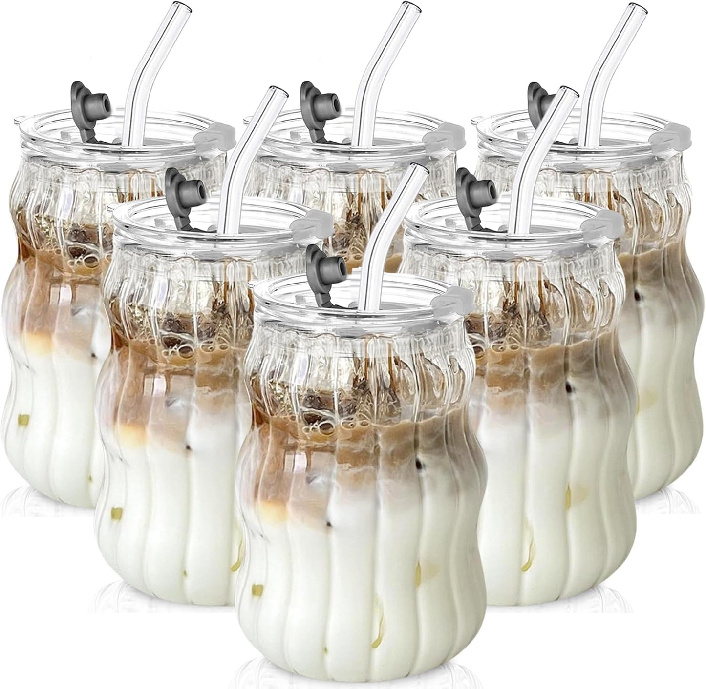 Vintage Ribbed Glass Cups 18oz with Lids & Straws for Drinks