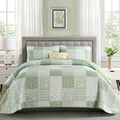 Light Green Quilt Set Queen Size Plaid Floral Quilt - All-Season