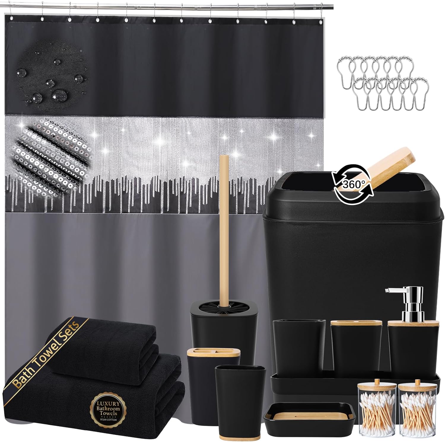 Black Bathroom Accessories Set with Glitter Shower Curtain 24 PCS