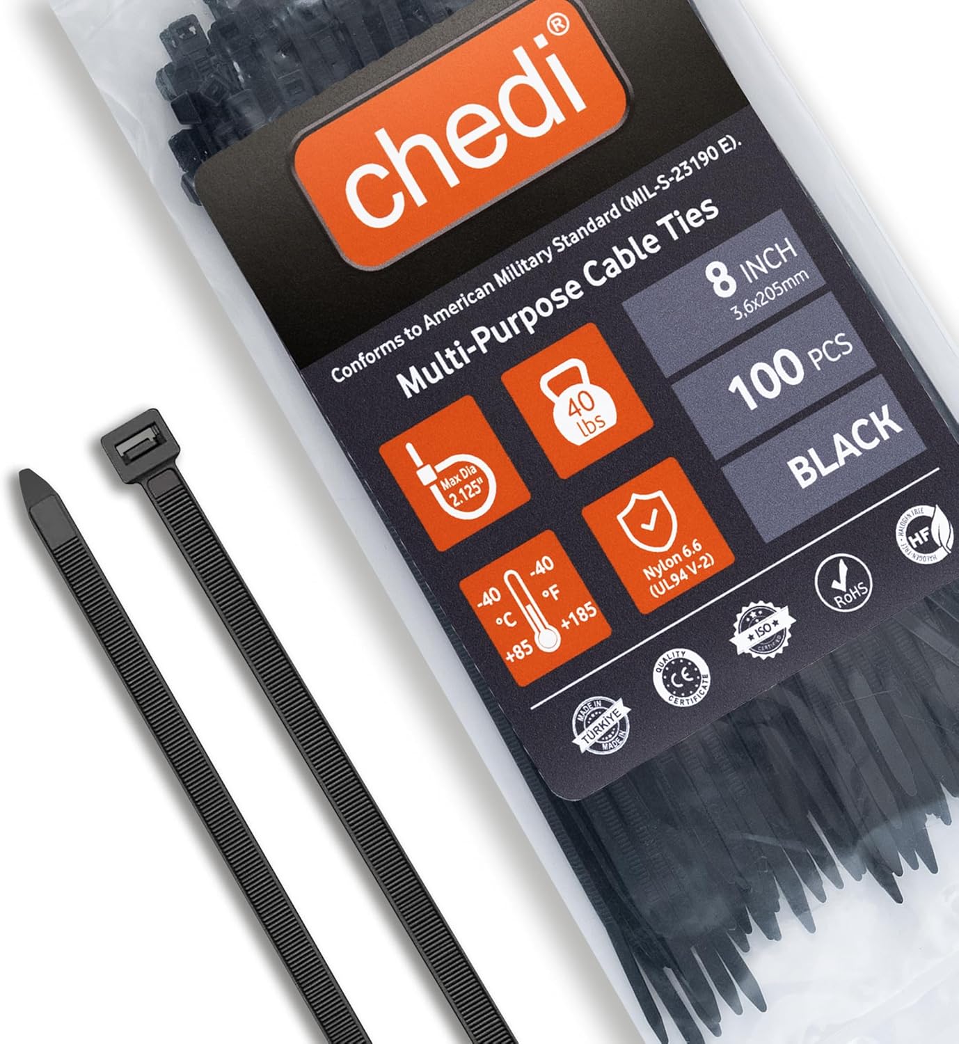 100-Pack Chedi 8 Black Zip Ties - Strong & Self-Locking