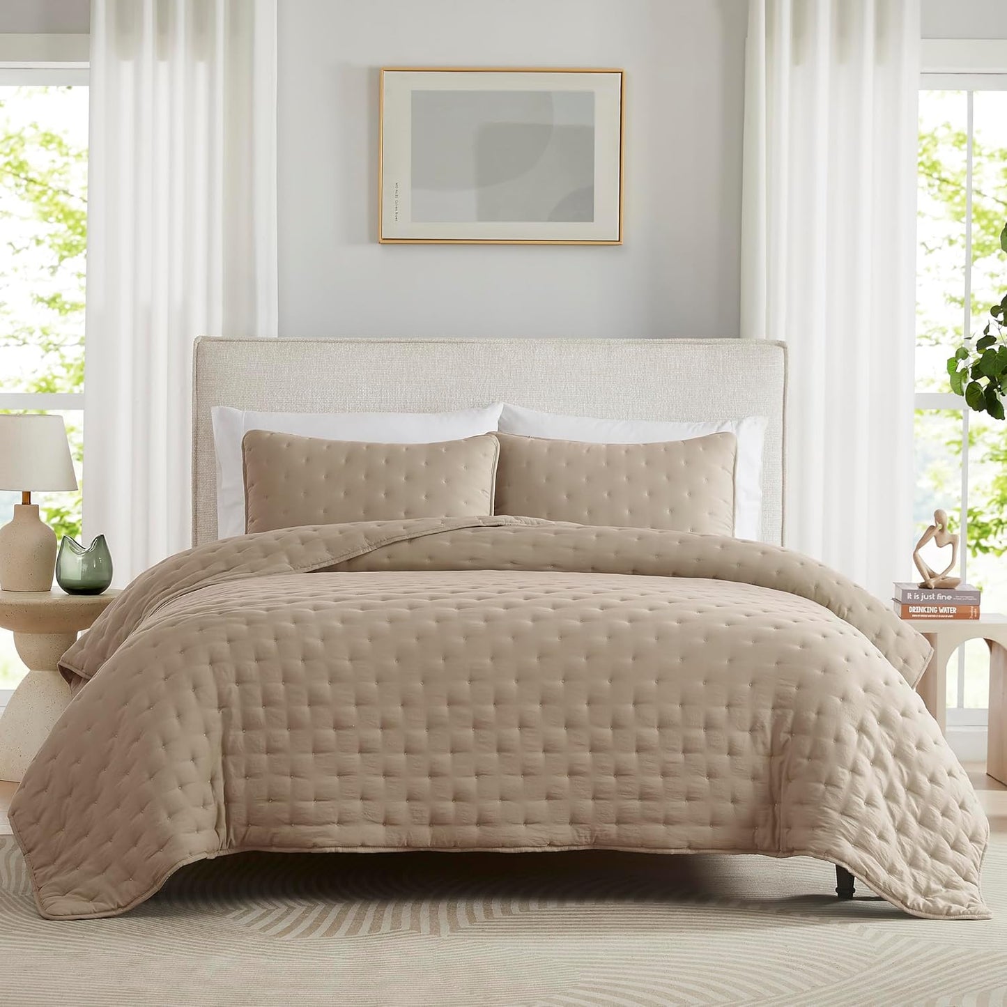 Beige Cloud Quilt Queen Size Bedding Set for Cozy Comfort