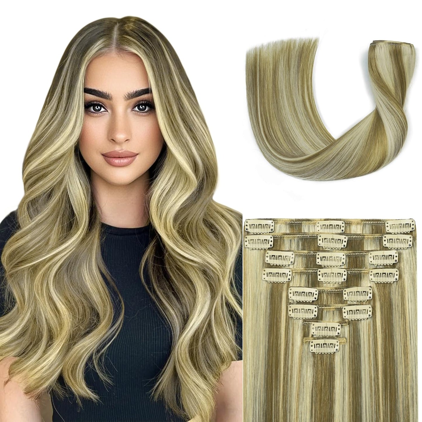 Blonde Clip in Hair Extensions Real Human Hair for Women 20in