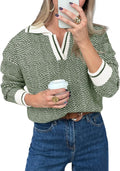 Womens Lapel V Neck Knit Sweater - Color Block Casual Pullover