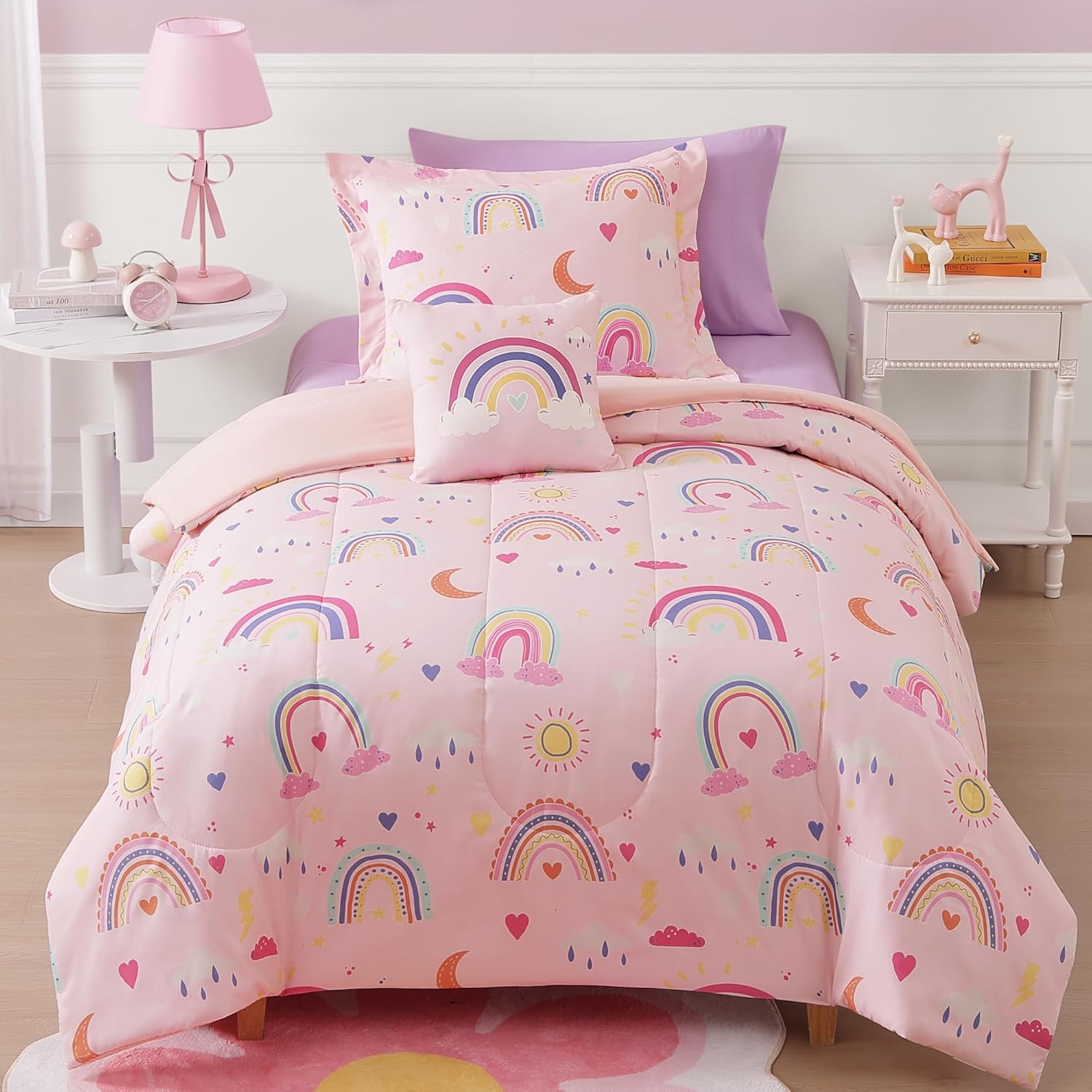 Glow in The Dark Twin Size Comforter Set for Girls - Pink Rainbow