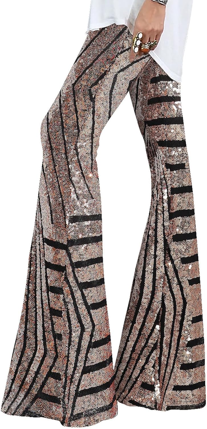 EVALESS Women Sequin Pants Sparkly Glitter High Waisted Trousers