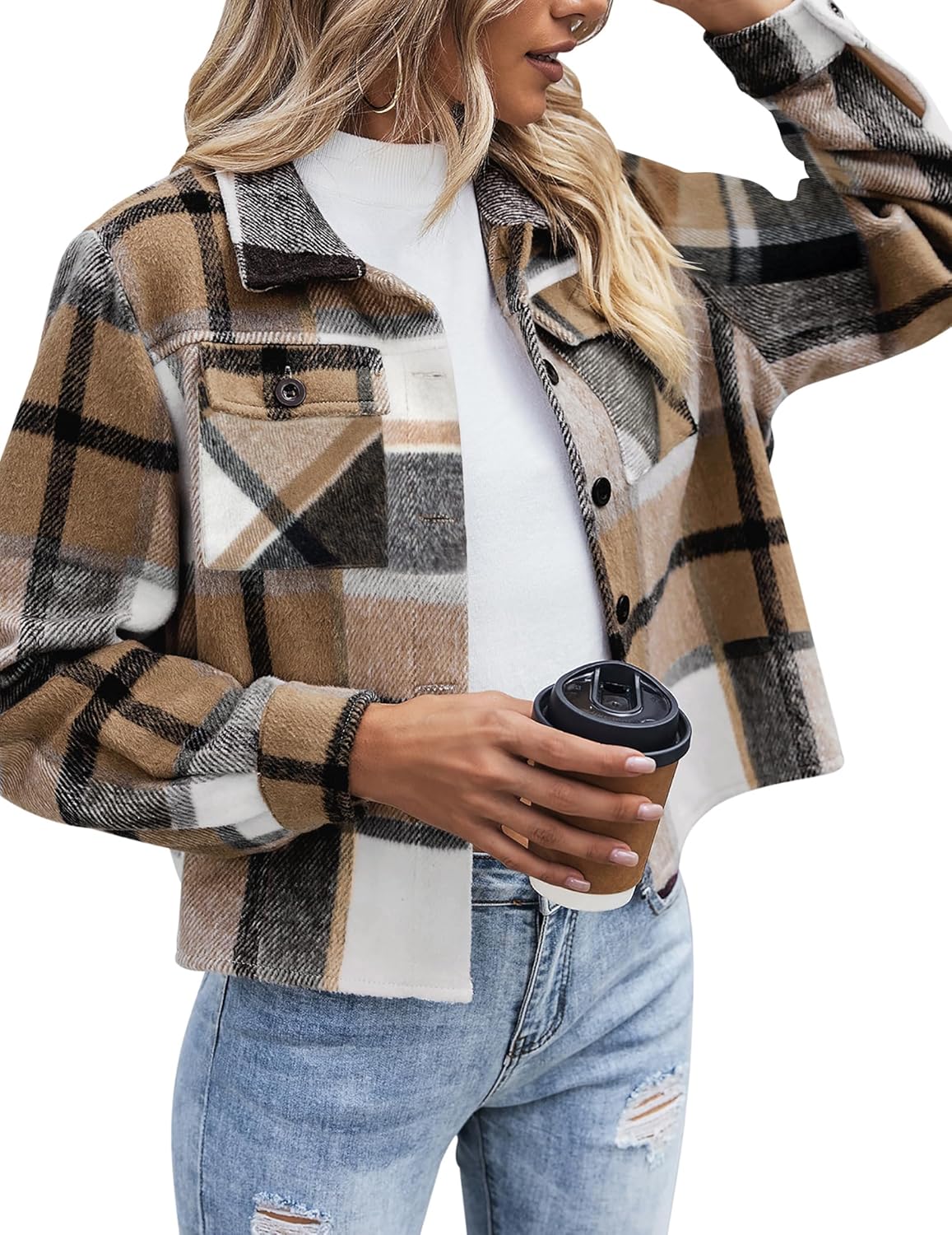 Cropped Flannel Shacket Jacket for Women - Fashionable Plaid Style