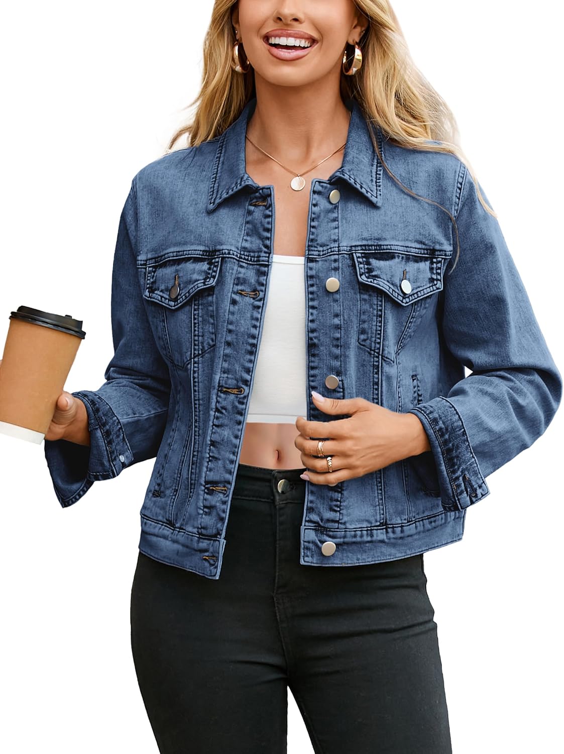 Trendy Long Sleeve Denim Jacket for Women with Pockets