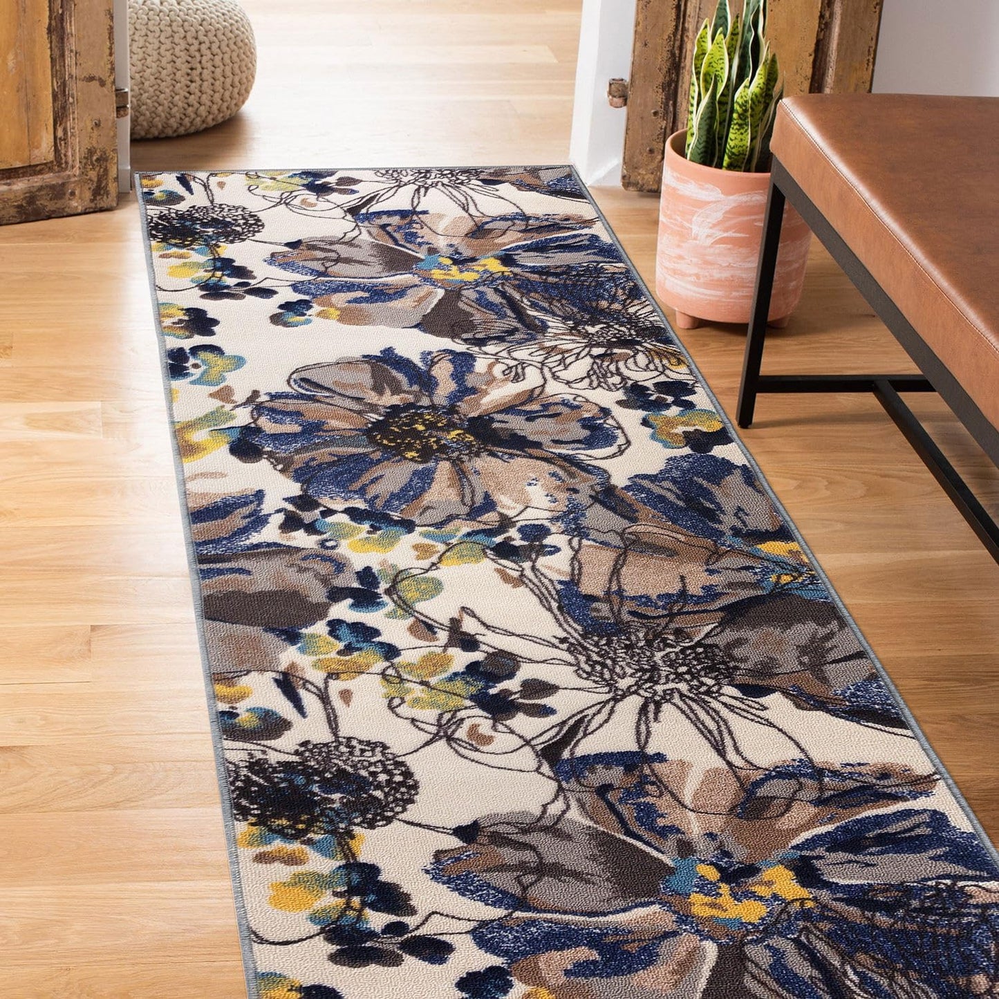 Rugshop Cream Bright Flowers Non Slip Runner Rug for Hallway
