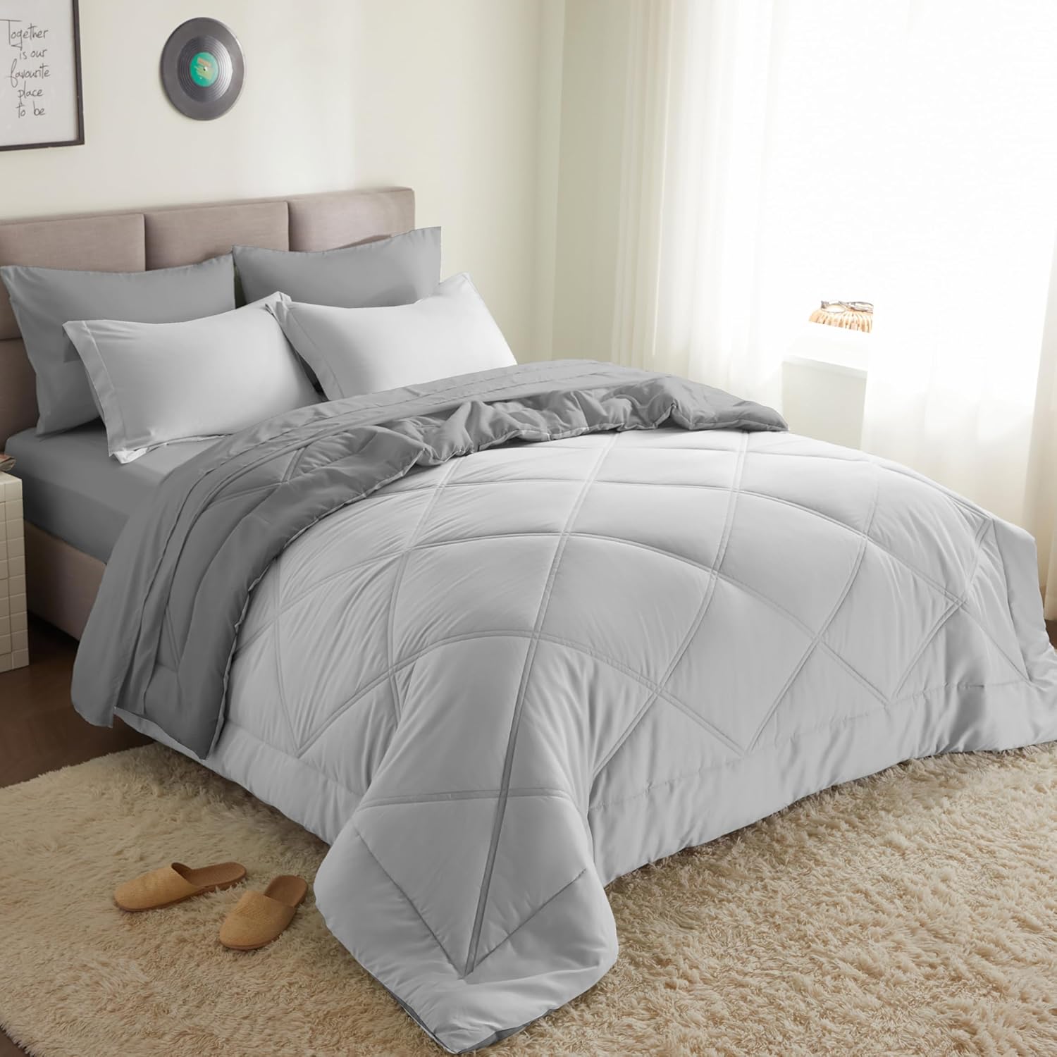 Joiedomi California King Comforter Set with Sheets in Light Grey