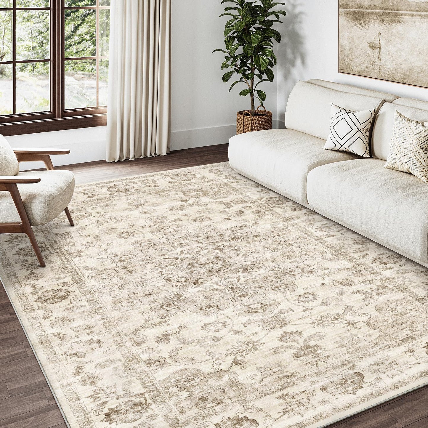4x6 Washable Neutral Area Rug for Vintage Entryway and Office