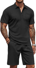 COOFANDY Men's Waffle Knit Polo Shirt and Shorts Set for Summer