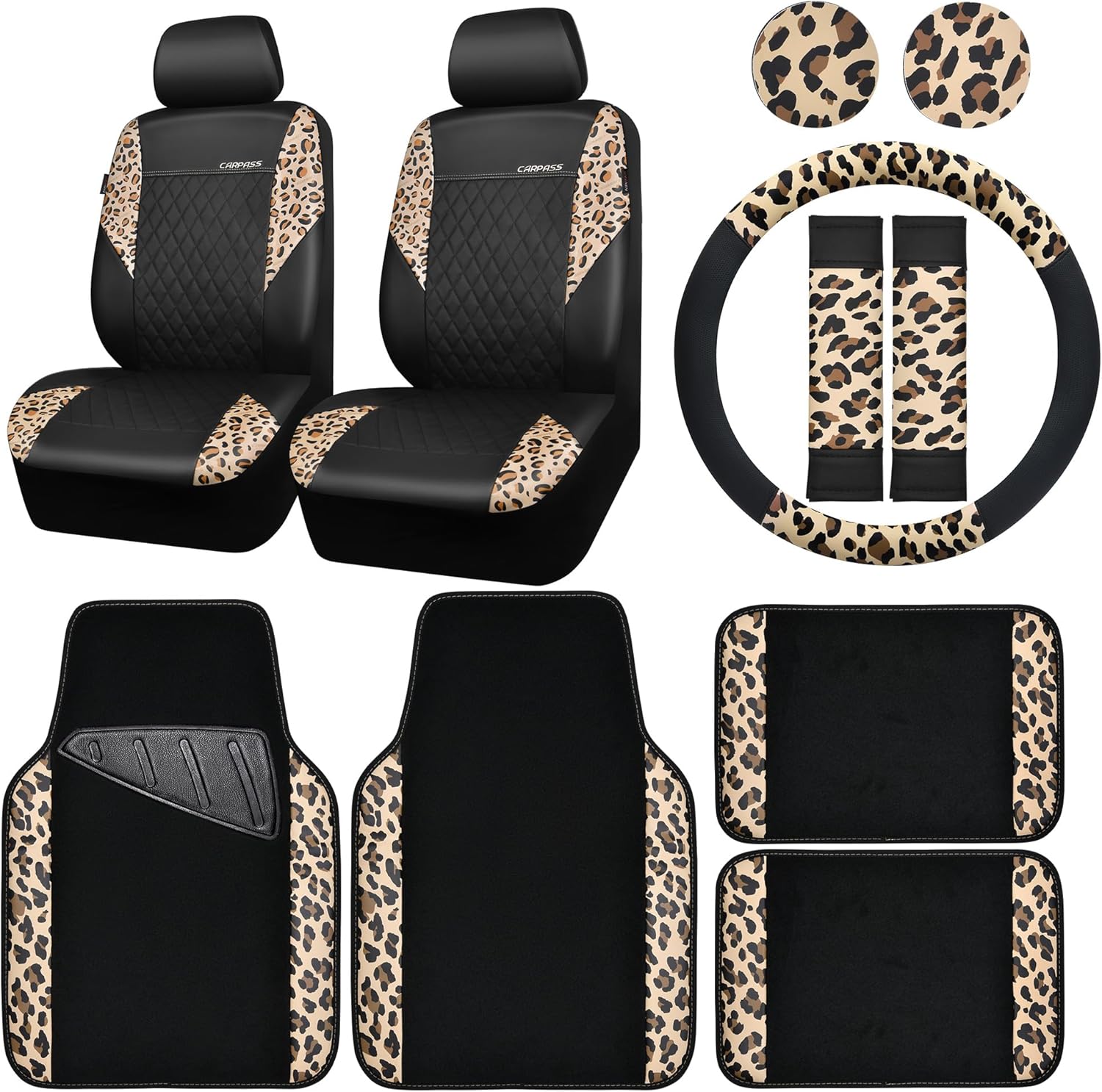 Leopard Print Faux Leather Car Seat Covers & Accessories Set
