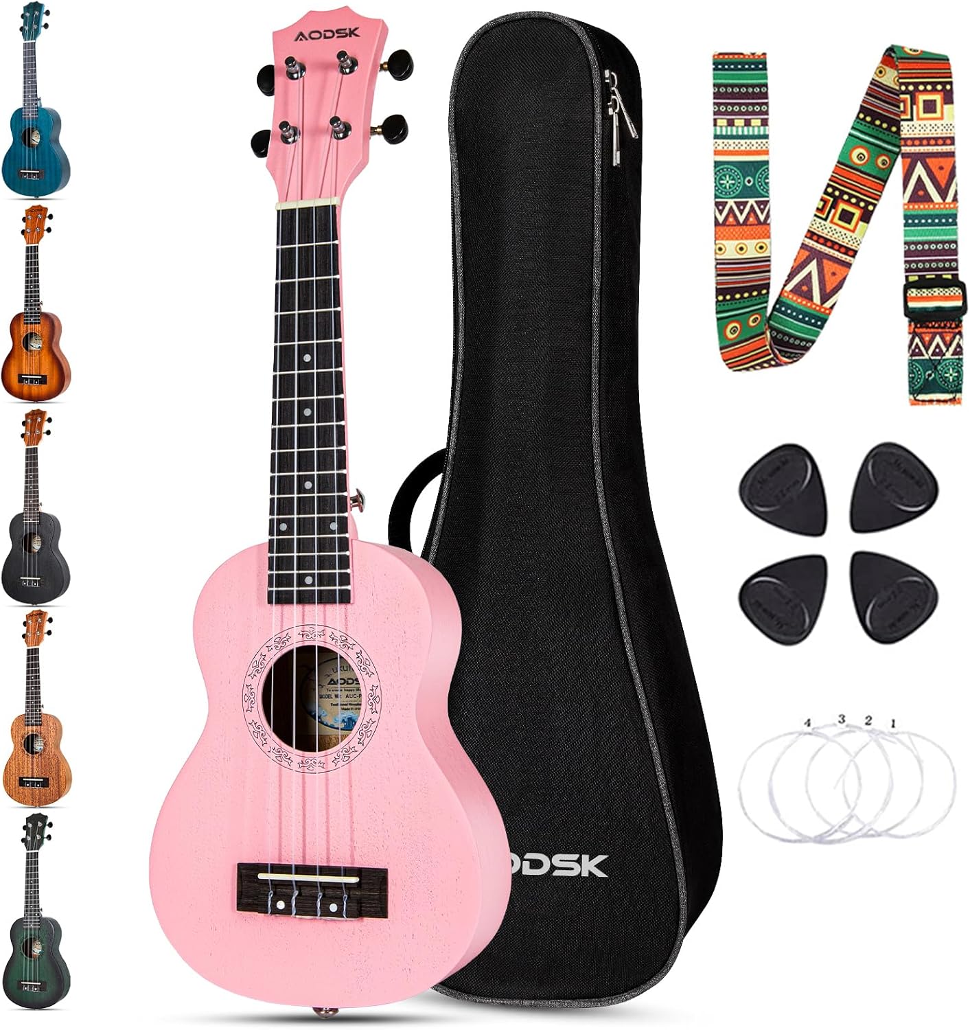 AODSK Concert Pink Ukulele for Beginners with Gig Bag and Picks