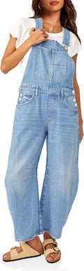 Women's Denim Bib Overalls Barrel Leg Adjustable Strap Jeans - Stylish