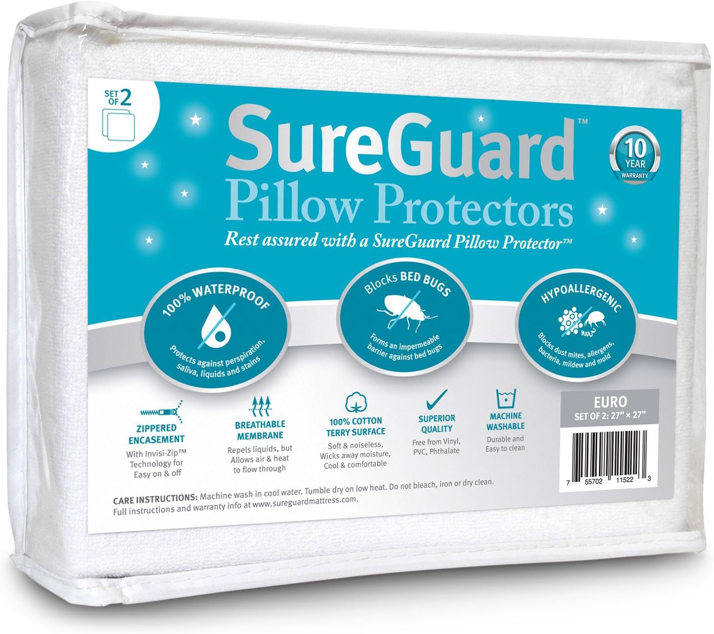Set of 2 Euro Size Pillow Protectors - Waterproof & Bed Bug Proof