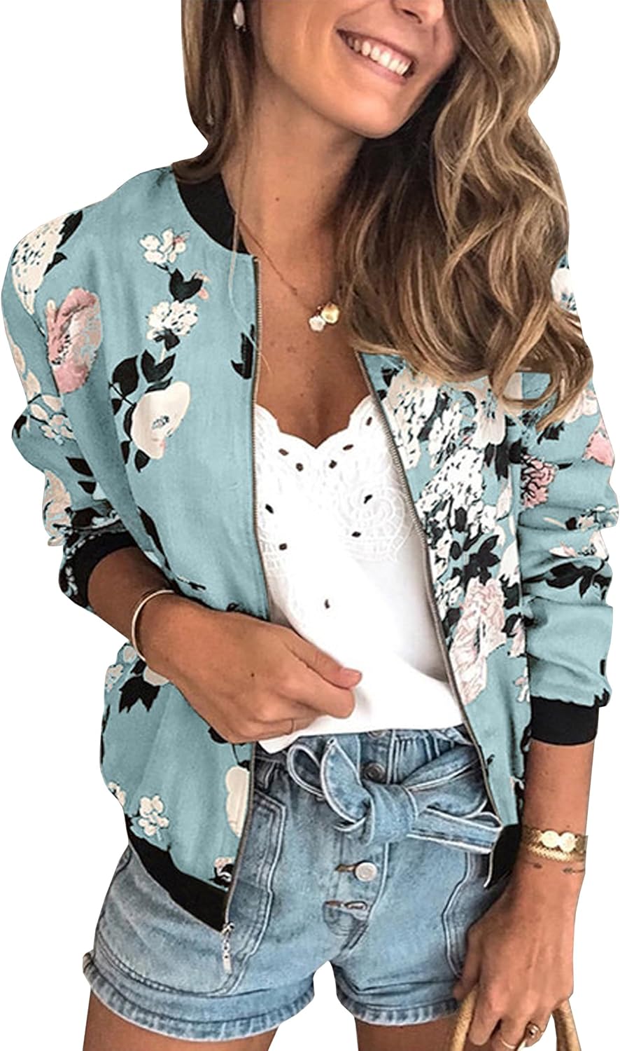 Stylish ECOWISH Women's Casual Floral Zip Up Bomber Jacket