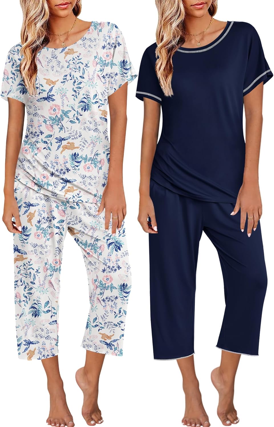 Ekouaer 2 Pack Womens Pajamas Short Sleeve Sleepwear Sets