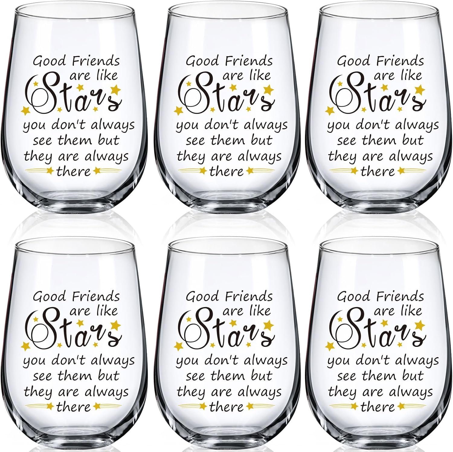Friendship Wine Glasses Set of 6 for Women with Golden Stars