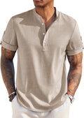 Men's Henley Band Collar Linen Shirt - Lightweight Summer Casual