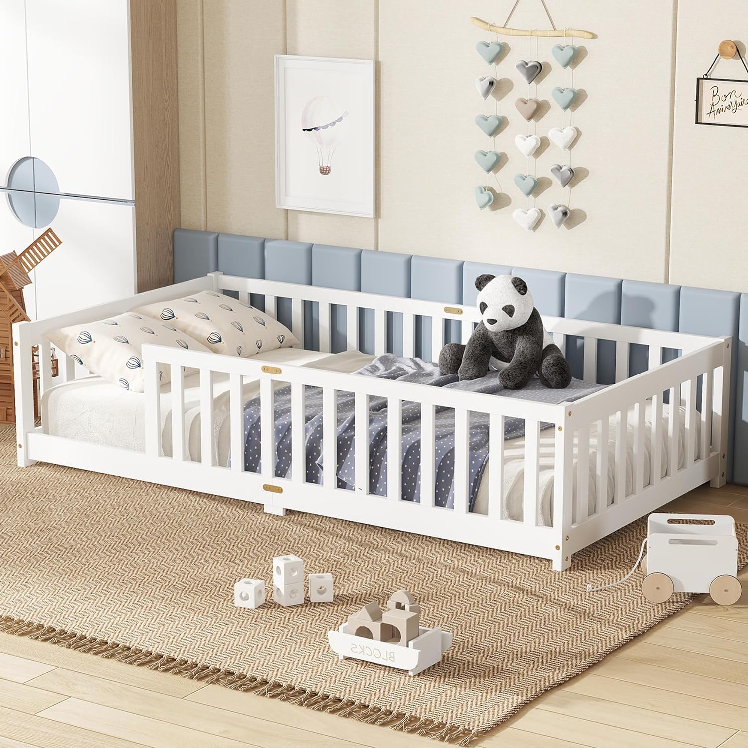 Bellemave Twin Floor Bed with Slats and Safety Guardrails for Kids