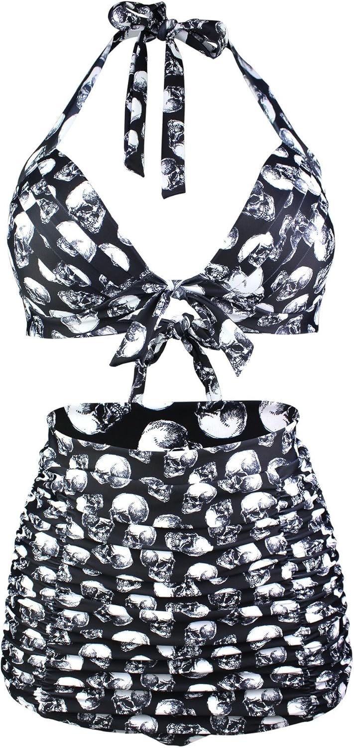 Honeystore Women's Retro 50s Halter High Waist Ruched Bikini