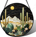 Stained Glass Window Hanging Black and White Golden Cactus - Nature