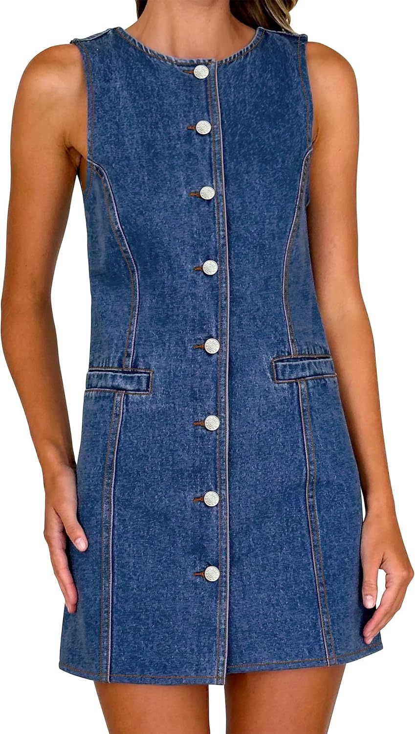 Women's Denim Dress Jean Sleeveless Button Down Mini Tank