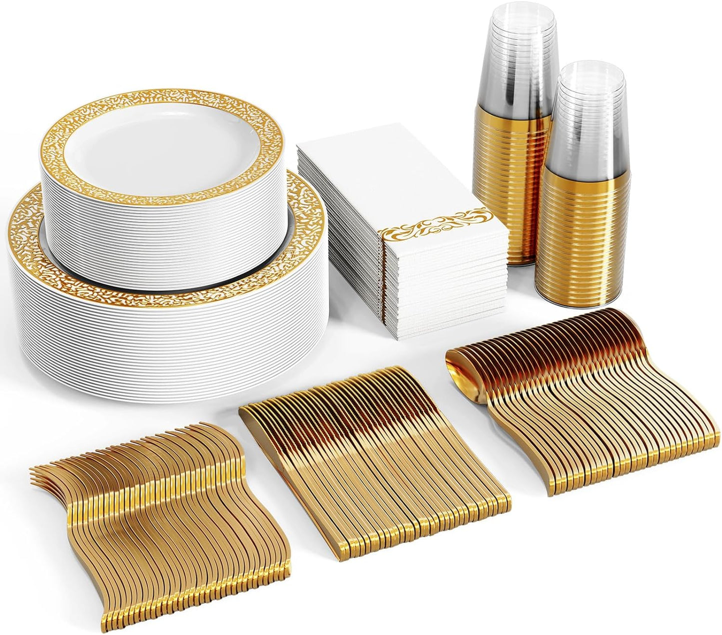 FOCUSLINE 350 Ct Gold Dinnerware Set for 50 Guests, Heavy Duty