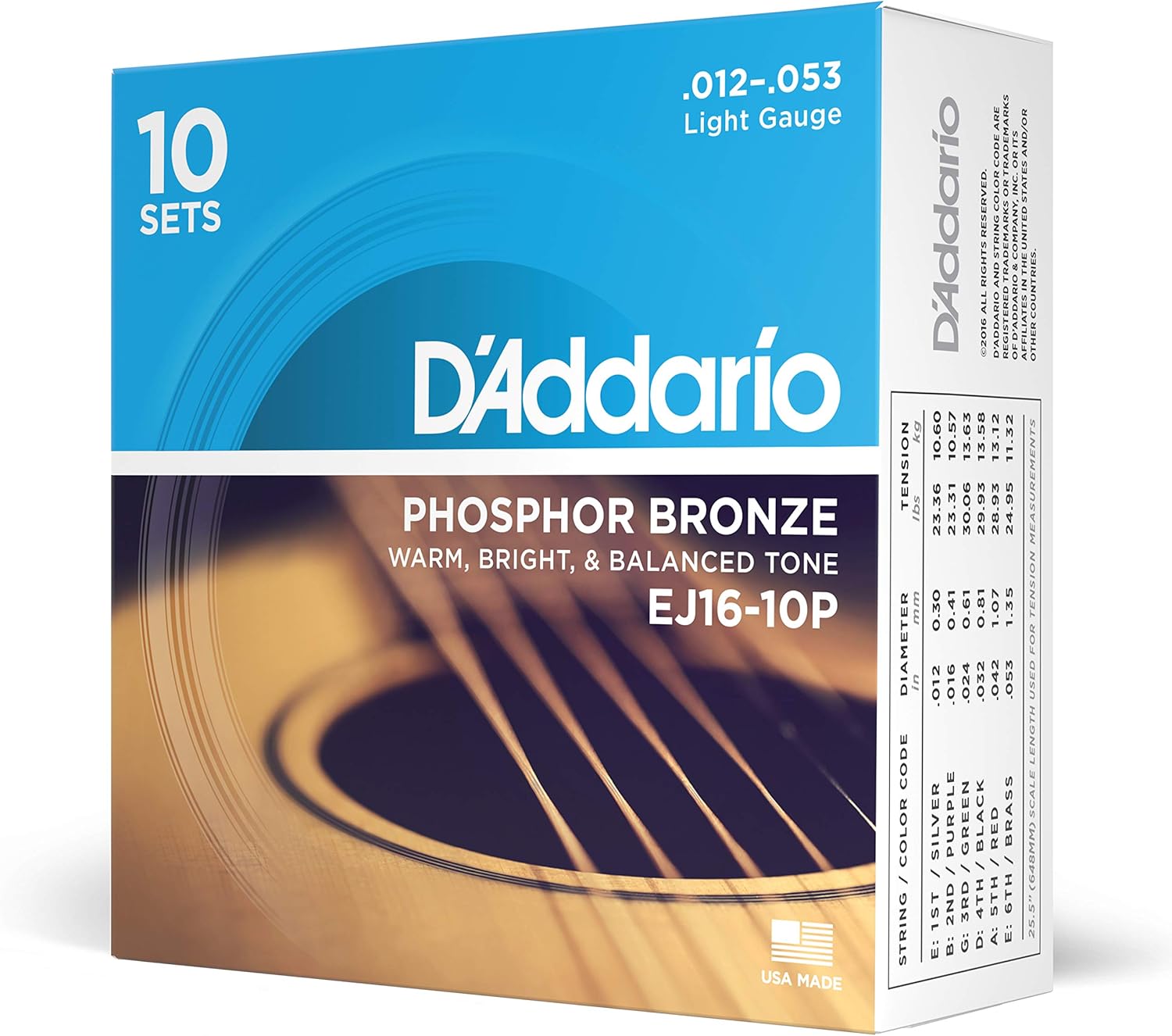 D'Addario Acoustic Guitar Strings EJ16-10P Light Gauge Set