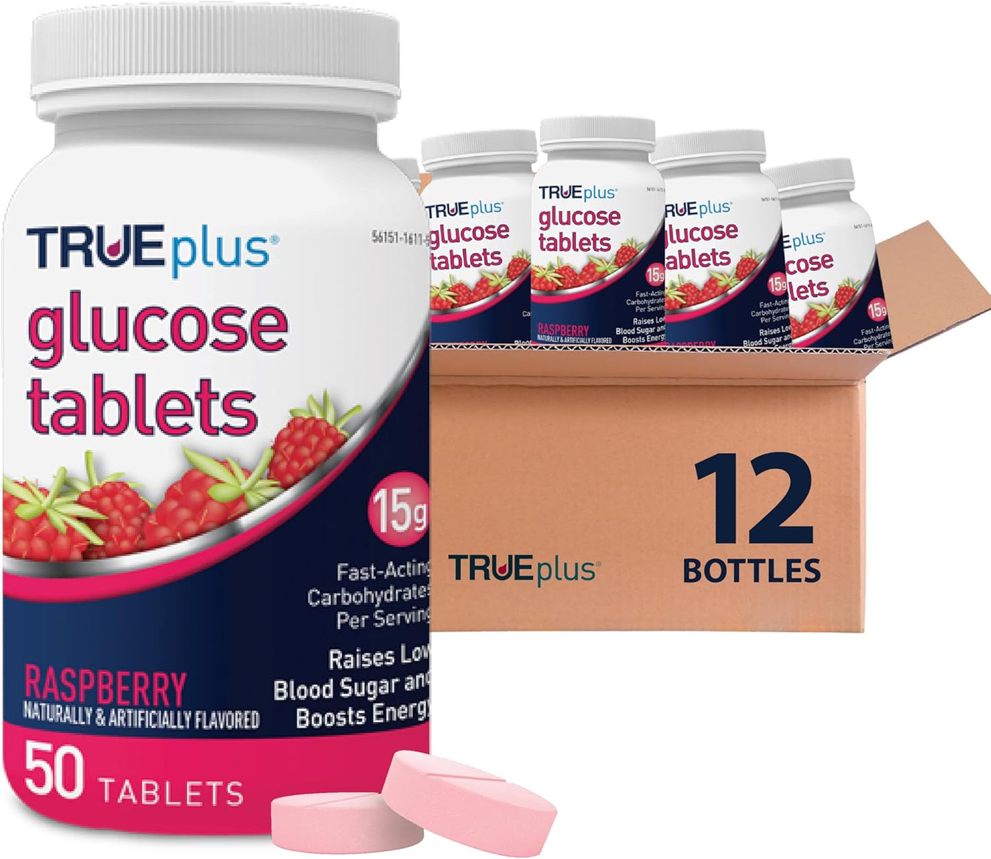 TRUEplus Glucose Tablets Raspberry Flavor - Fast-Acting Energy
