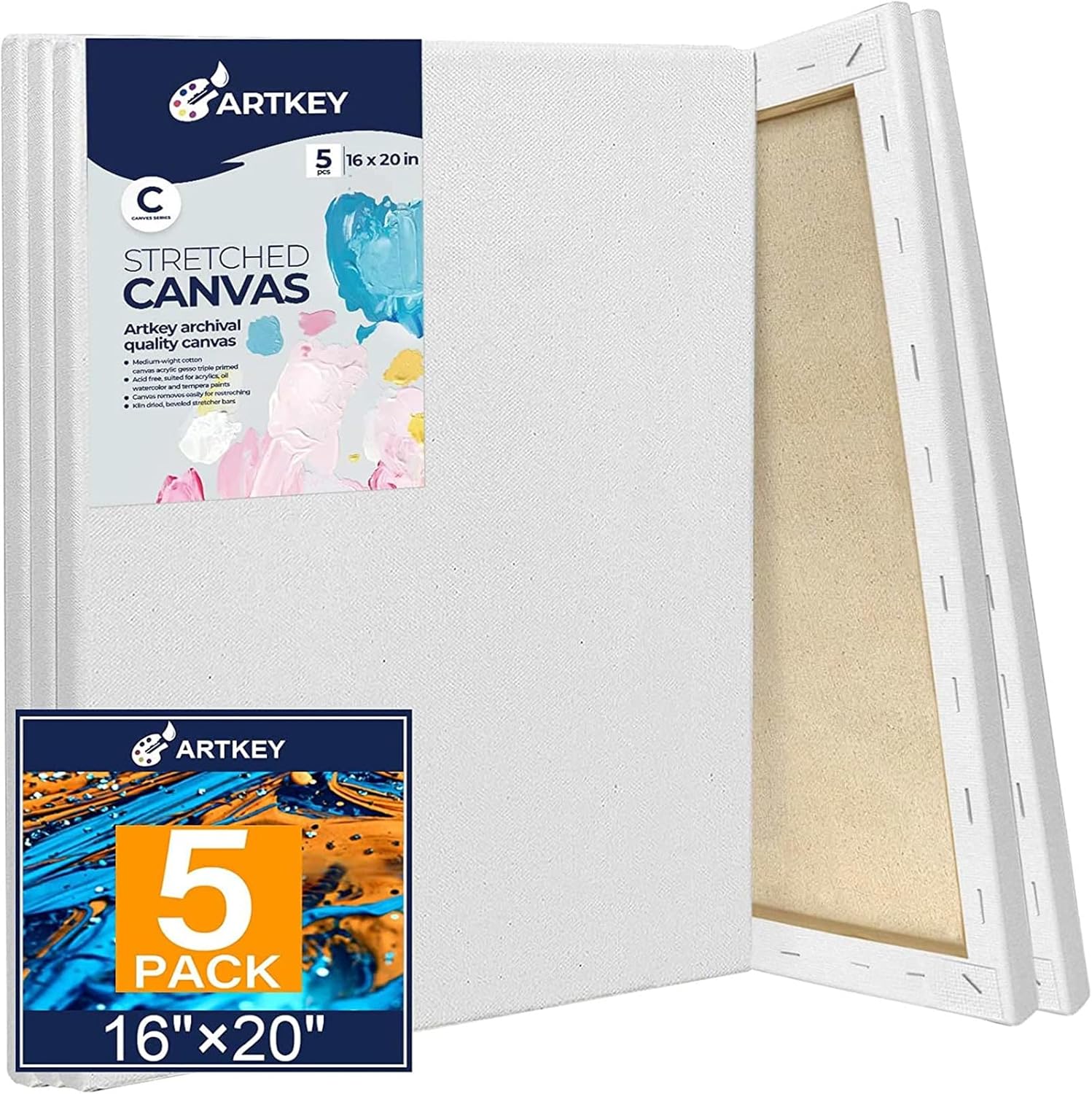 Stretched Canvases for Painting 16x20 Inch 5-Pack for Artists