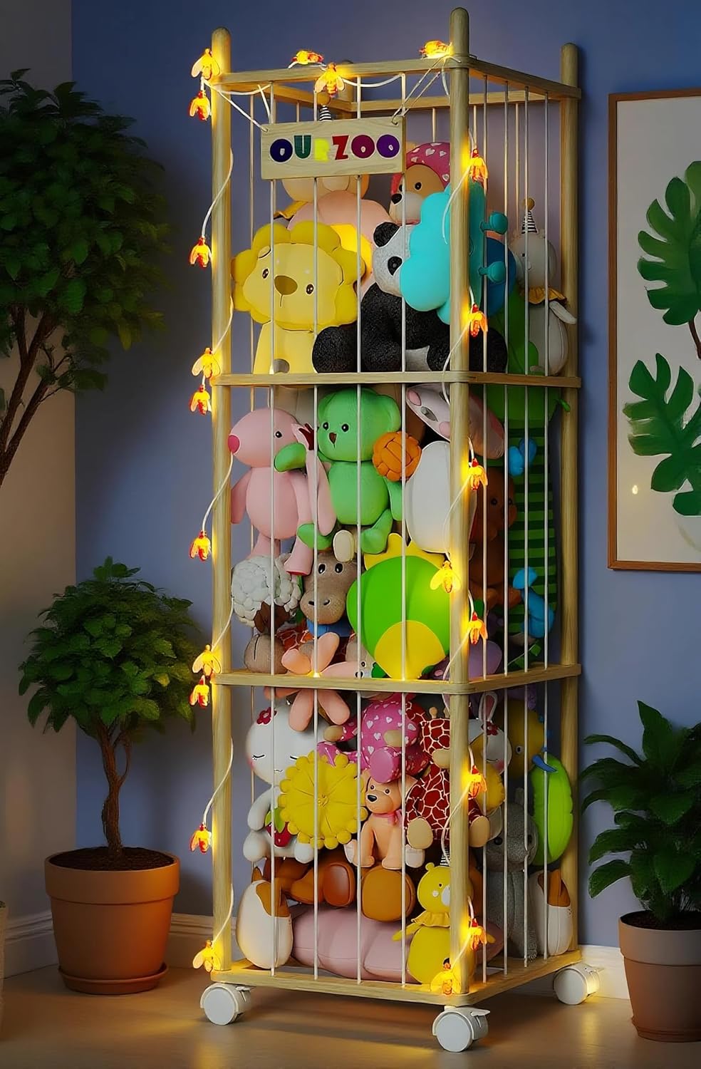 Stuffed Animal Storage Zoo with Wheels and Twinkling Bee Lights
