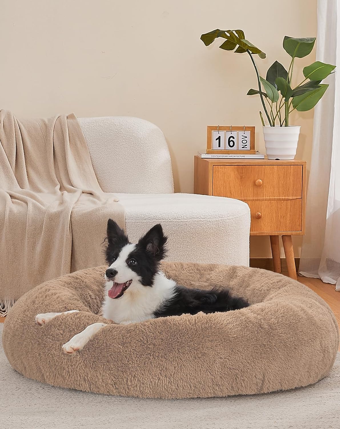 OhGeni Calming Donut Dog Bed for Large Pets, 36 inches Ocher