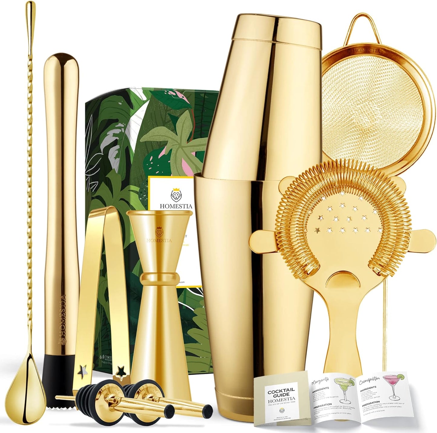 Golden Boston Shaker Set with 9 Bar Tools & Recipes
