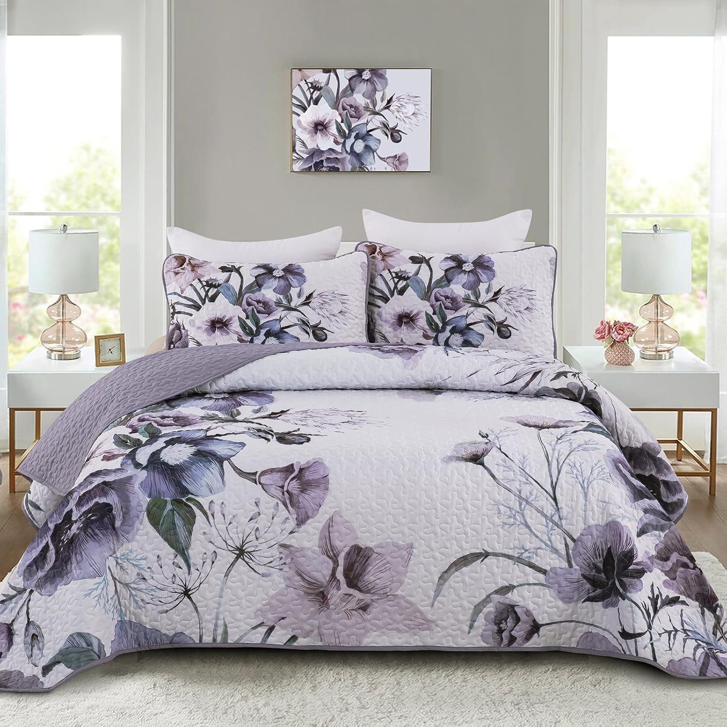 Purple Floral Quilt Set Queen Size for All Seasons Comfort